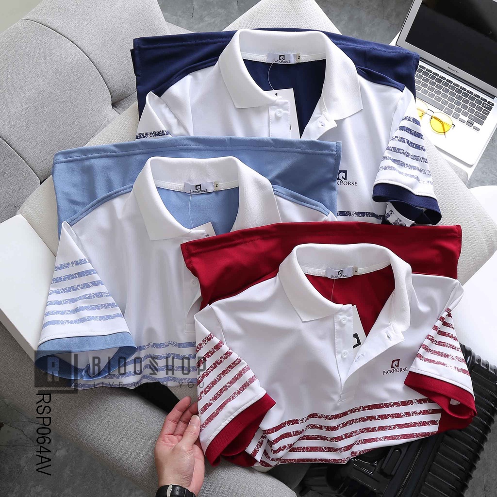 Áo phông nam có cổ sọc ngang, áo polo nam có cổ nam PACKHORSE RSP064 chất lượng, tay ngắn, form rộng, cao cấp, big size