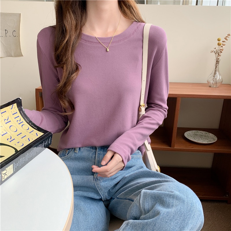 Áo thun NZN tay dài cổ tròn màu trơn thời trang Hàn Quốc cho nữ