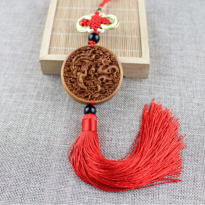 Mặt Dây Chuyền Gỗ Đào Chạm Khắc Hình Rồng Phượng Trang Trí Nội Thất Xe Hơi