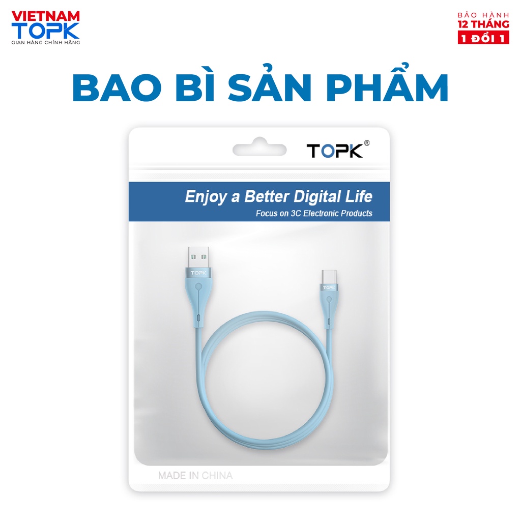 Dây cáp sạc TOPK AN46 dùng cho điện thoại  Vỏ TPE silicon dẻo chống đứt gãy - Hàng chính hãng Bảo hành 12 tháng