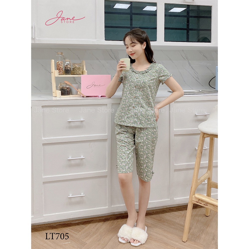 Đồ bộ mặc nhà chất thô mềm thoải mái, đồ ngủ thiết kế cổ bèo quần lửng họa tiết hoa nhí nhẹ nhàng JANE mã LT70