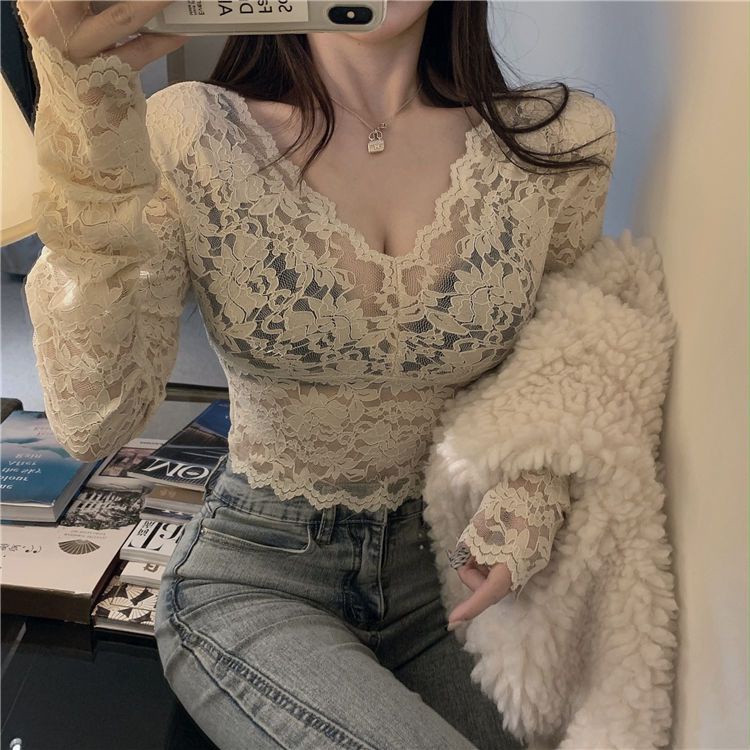 Áo Ren Ngắn Tay Dài Cổ Chữ V Phong Cách Phương Tây Thời Trang Thu Đông Dành Cho Nữ