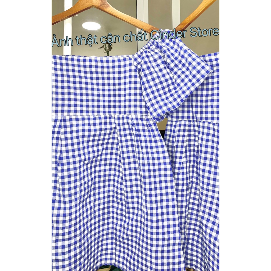 Đầm Babydoll, Váy Trễ Vai Mặc 2 Kiểu Kẻ Caro Xanh Tay Bồng Dáng Xoè