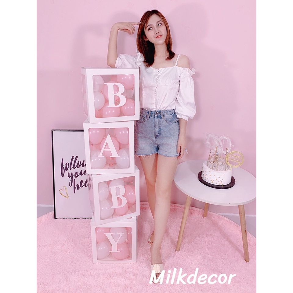 Bộ 4 hộp trong suốt in chữ BABY đựng bong bóng dùng trong trang trí ML055