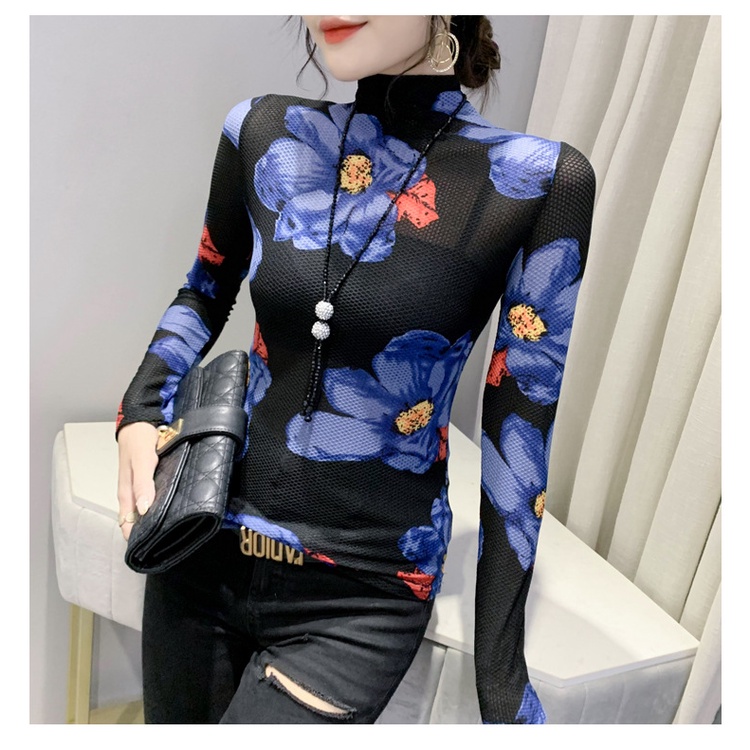 Cổ lọ in họa tiết thời trang thu đông áo lưới dài tay Áo thun dài tay nữ