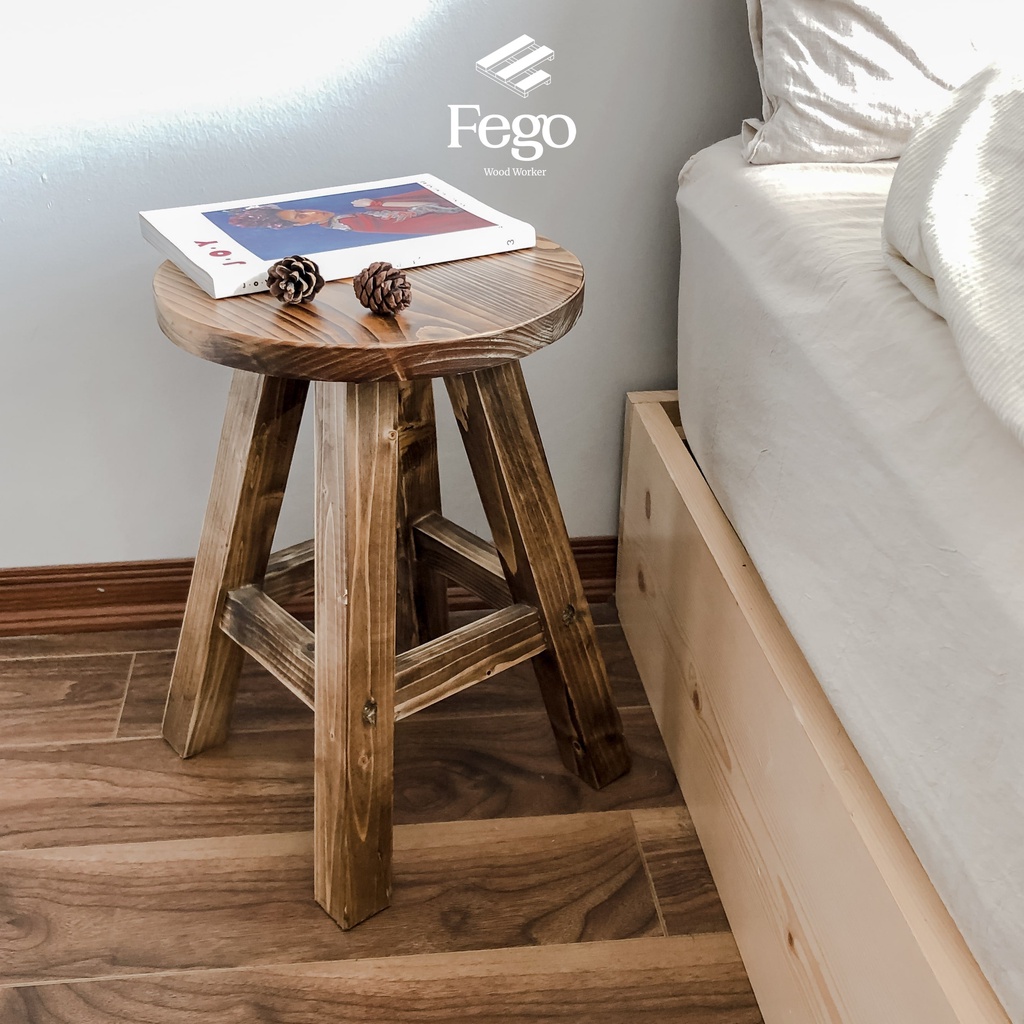 Ghế đôn gỗ thông FEGO mặt tròn cao 42cm vân gỗ nổi trang trí decor