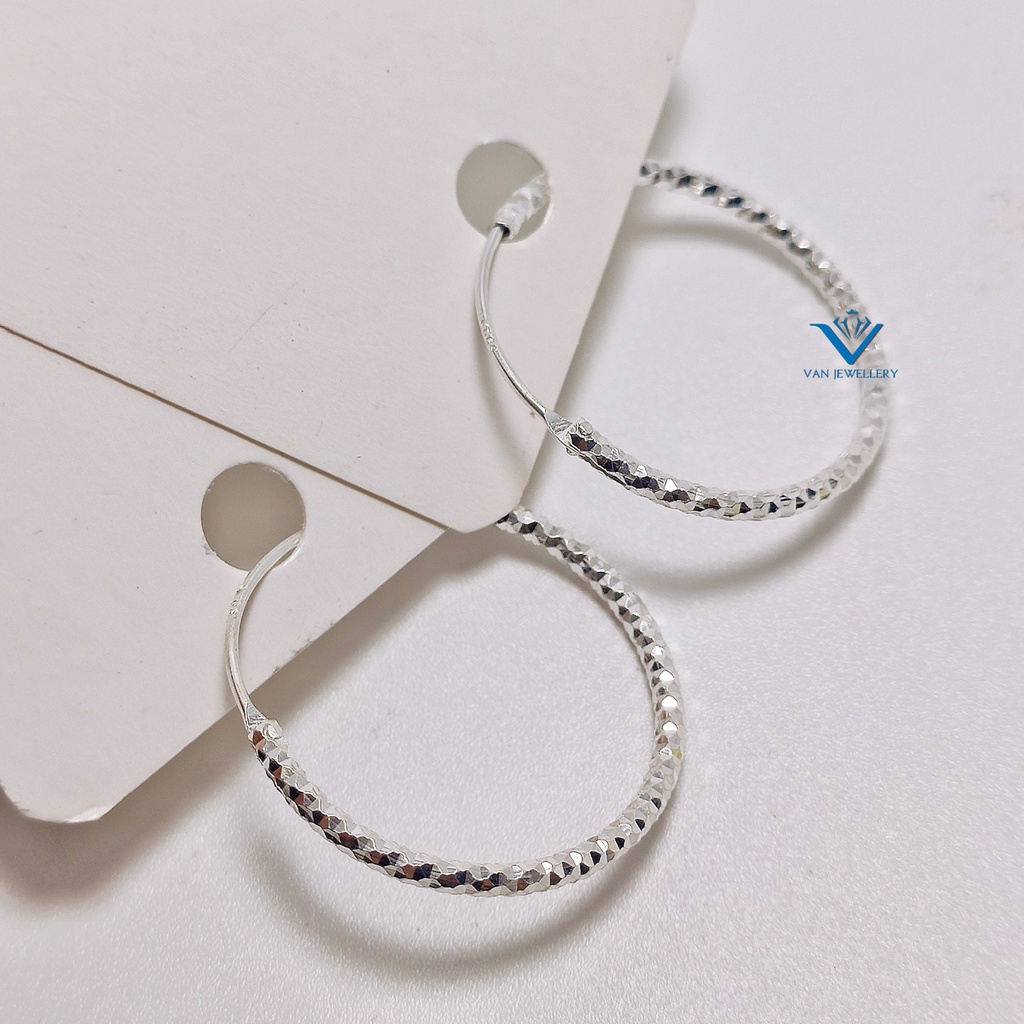 Khuyên tai bạc 925 khuyên tròn thân phay sáng bóng đường kính 2-2.5cm