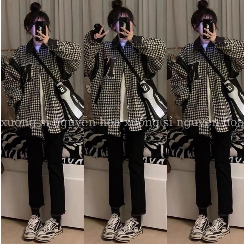 Áo khoác dạ tweed bomber có cổ phối da form rộng unisex nam nữ mặc được phong cách trẻ trung năng động