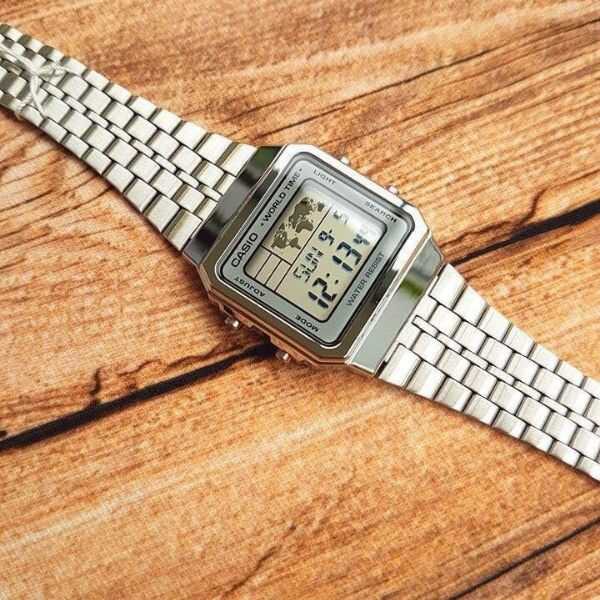 Đồng hồ Nam Casio A500WA, đồng hồ chính hãng, Điện Tử - Dây Kim Loại Mạ bạc chính hãng - Casio World time