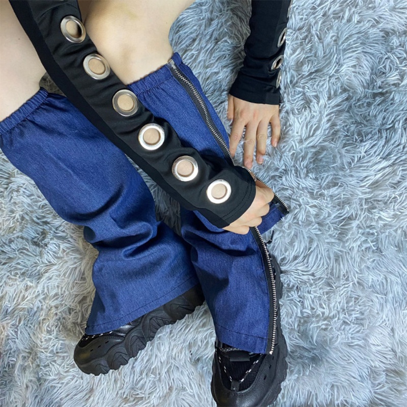 Youyo Vớ Denim Dài Ngang Bắp Chân Màu Xanh Dương Có Khóa Kéo Bên Phong Cách Harajuku Gothic Punk Nhật Bản Giữ Ấm Mùa Hè Cho Nữ Fo