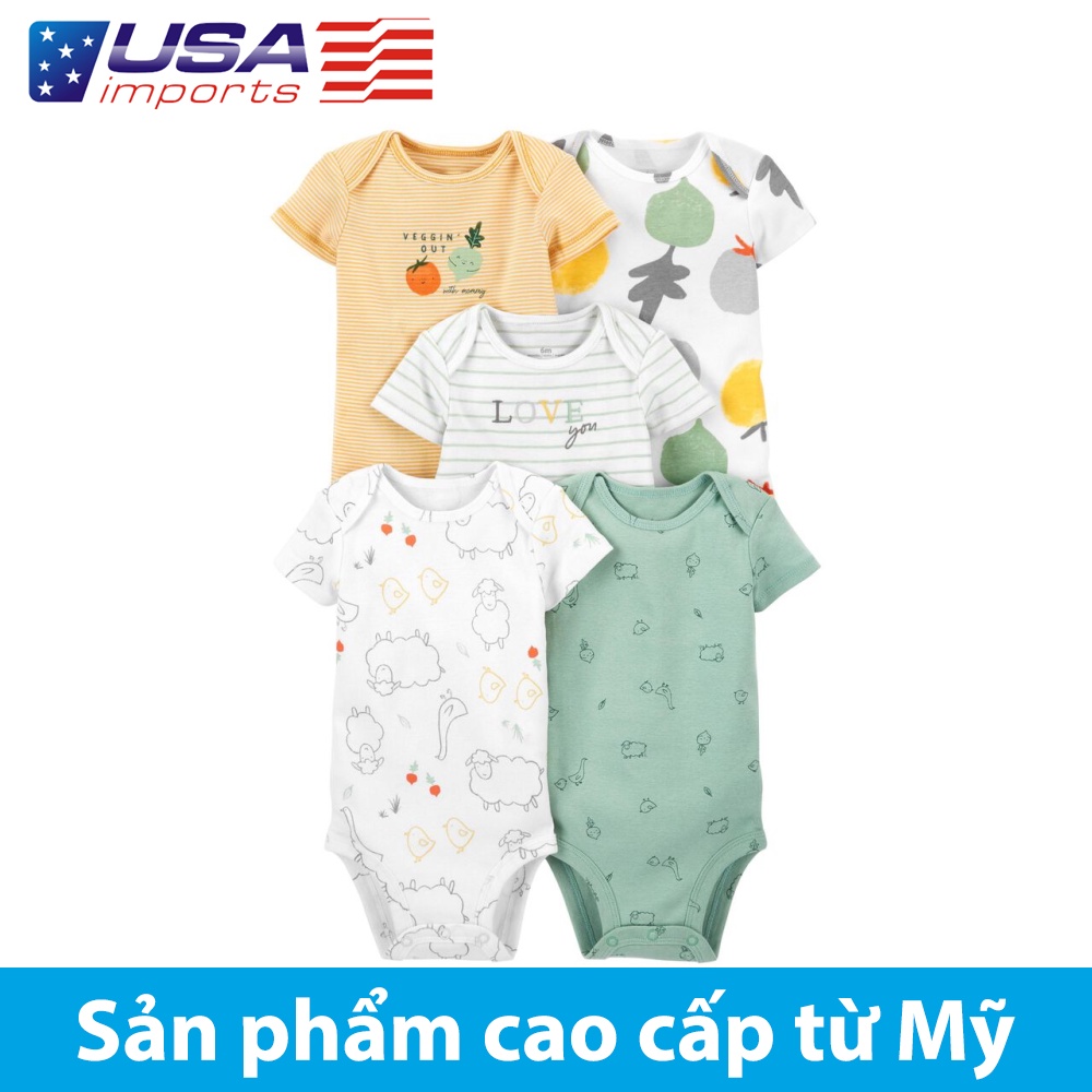 Set 5 áo liền quần tay ngắn xanh vàng nhẹ nhàng hình cừu Car-tờ Auth Từ Mỹ