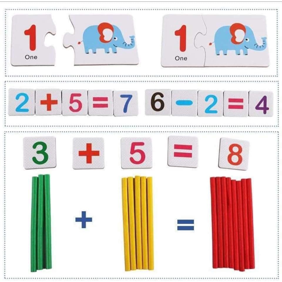 Đồ chơi Bộ thẻ ghép số kèm que tính- học toán thông minh giúp tập đếm &amp; tính- cho bé 3- 6t (Toán Hươu)