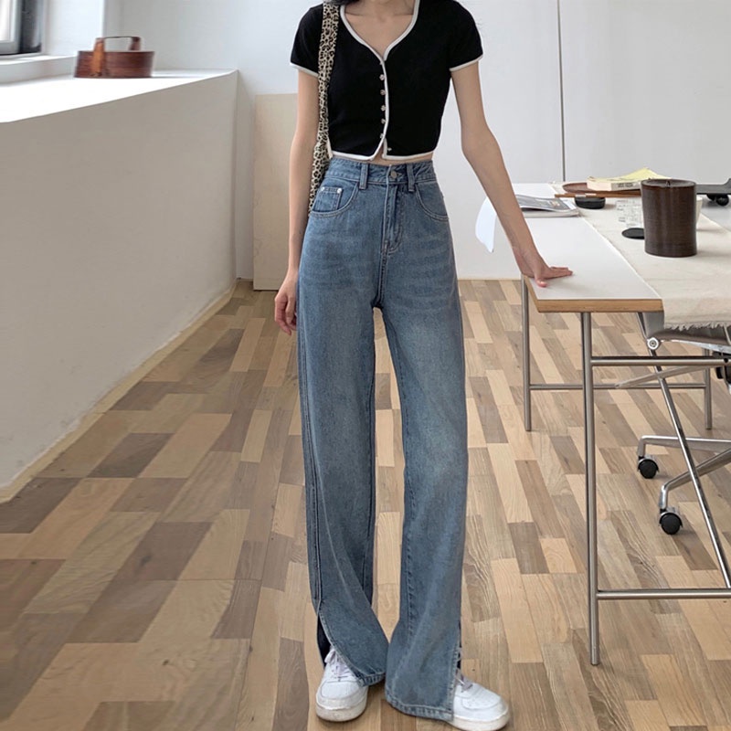 Quần jeans dài lưng cao ống rộng thời trang cho nữ