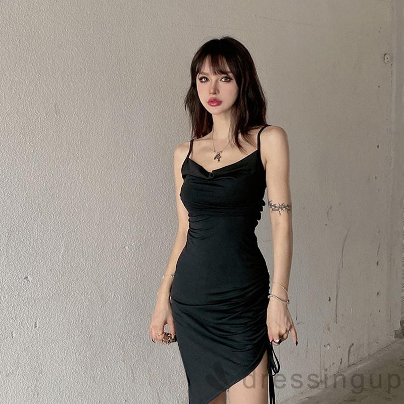 DRE-Women´s Slip Dress, Solid Color Sleeveless Drawstring Tie-Up Irregular Hem Backless Slim Dress