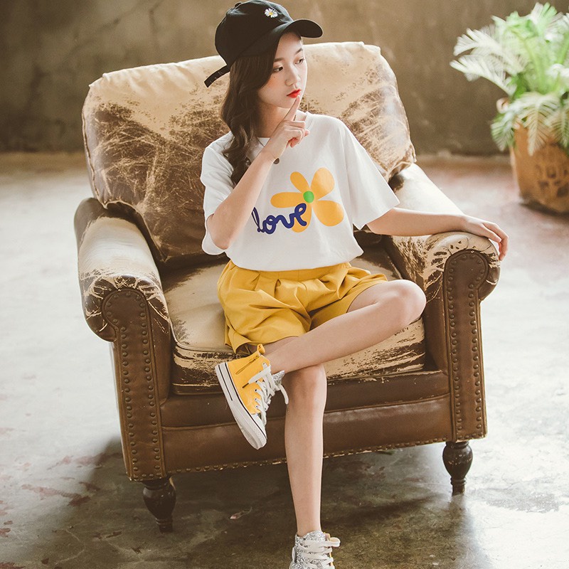 Bộ quần áo thun hè "LO.VE BLOOM" 20-45kg cho bé gái 4-14 tuổi. Thoáng mát, thấm hút mồ hôi. G19
