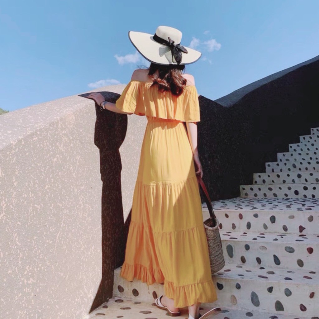 Váy Maxi Tầng Trễ Vai Vàng Chanh Cực Hot | BigBuy360 - bigbuy360.vn