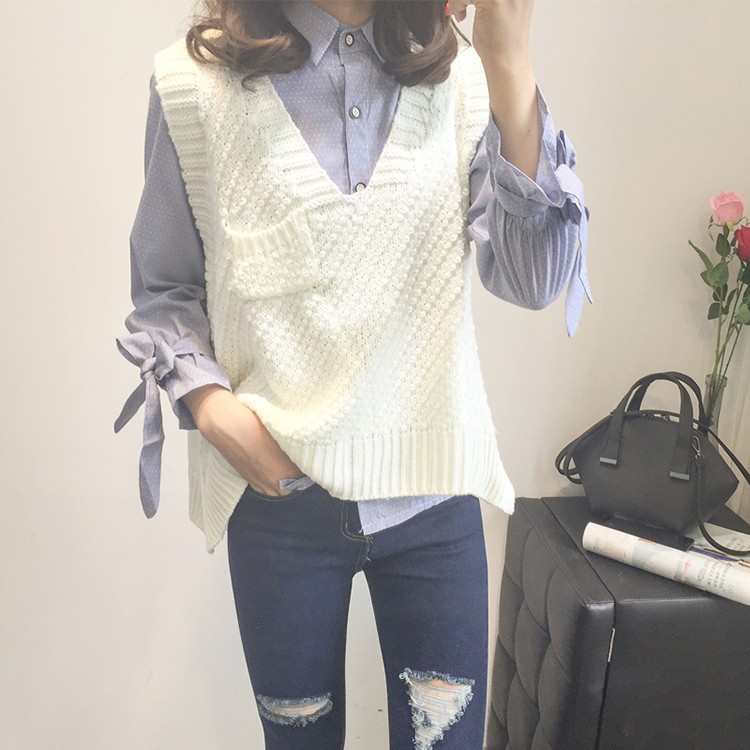 Áo Sweater Dệt Kim Sát Nách Thiết Kế Cổ Chữ V Thanh Lịch | BigBuy360 - bigbuy360.vn