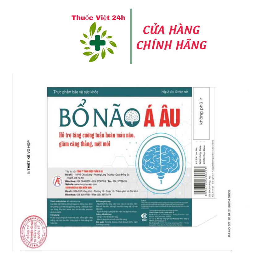 Bổ Não Á Âu - Hỗ trợ giảm căng thẳng, mệt mỏi và tăng tuần hoàn máu não Hộp 20 viên - ThuocViet24h