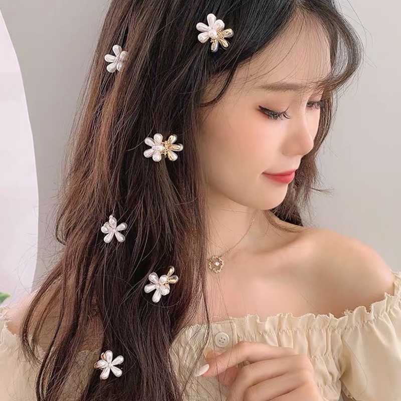 Kẹp tóc trang trí hoa cúc và ngọc trai nhân tạo phong cách Hàn Quốc xinh xắn thời trang dành cho nữ