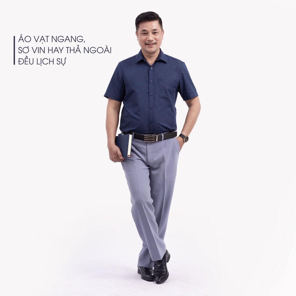 Áo Sơ Mi Nam Ngắn Tay Trung Niên ANCHI Màu Xanh Than Trơn Vải Sợi Tre Cao Cấp