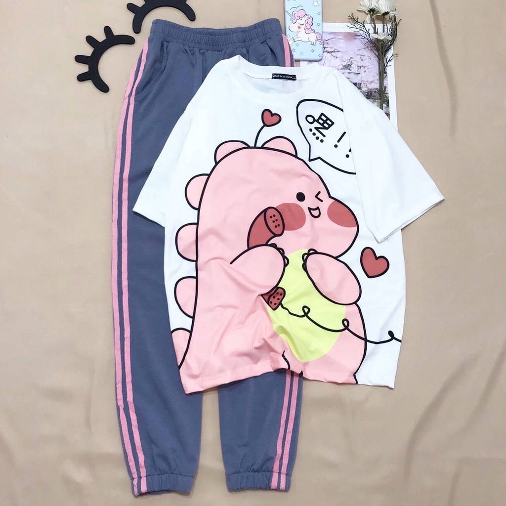 Set đồ bộ quần dài Jogger 2 Sọc MÀU XÁM NHIỀU MẪU ❤️ Bộ hoạt hình form rộng Unisex Molly Fashion