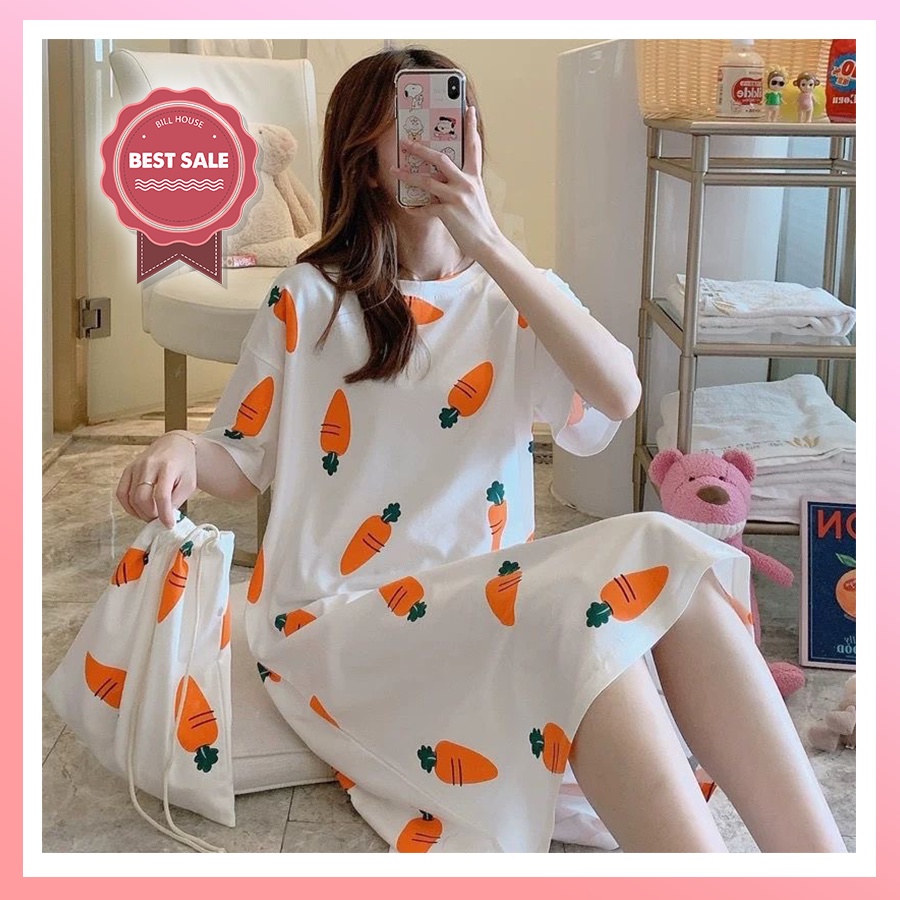 Váy ngủ cộc tay đầm ngủ nữ dễ thương dáng suông bigsize chất cotton mềm mát họa tiết hoạt hình VN01