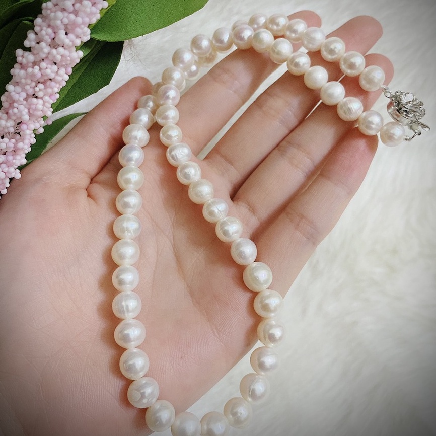 Vòng cổ trang sức trai thật tự nhiên nuôi nước ngọt 10li màu trắng hạt tuyển