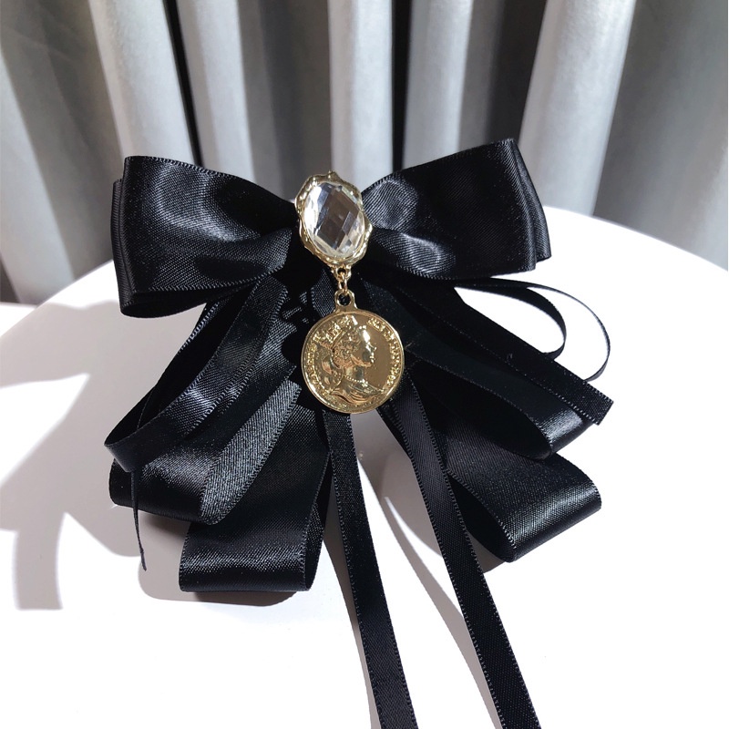 Nơ Cài Cổ Áo Màu Đen Đính Pha Lê Phong Cách Baroque Cổ Điển Kèm Phụ Kiện Cài Áo Cho Nữ