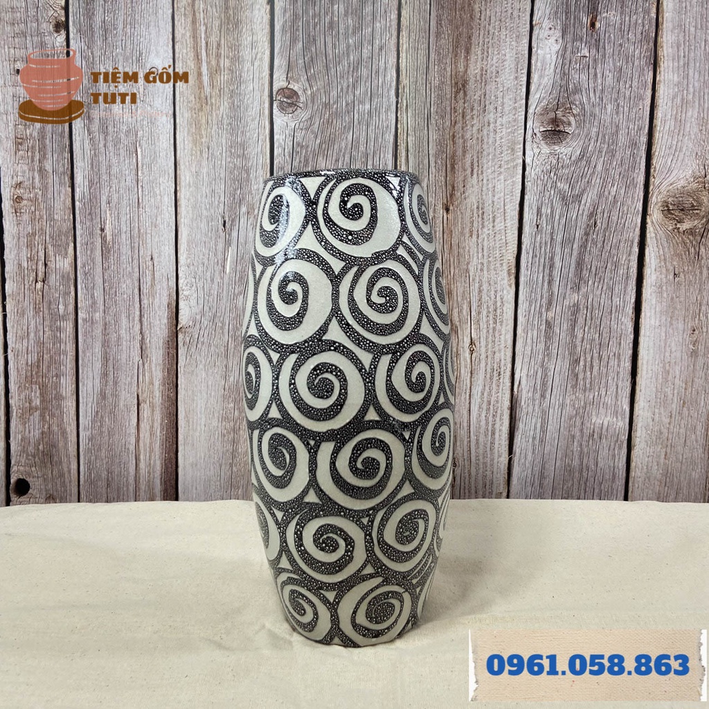 Lọ hoa decor, bình hoa gốm, bom nến BÁT TRÀNG men trắng bóng, họa tiết hoa xoắn độc đáo H30-H26-H24