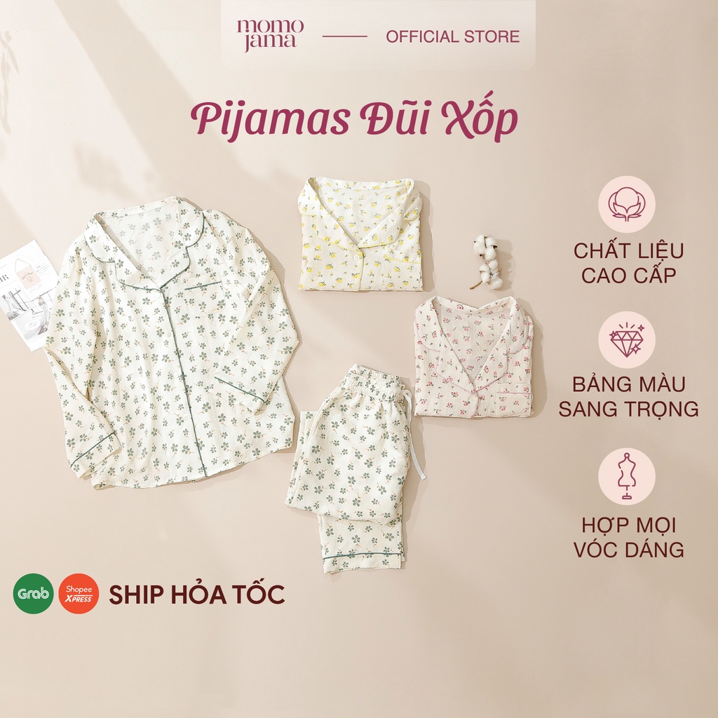 Bộ Pyjamas MOMOJAMA áo dài, quần dài chất liệu đũi xốp nhẹ nhàng, thoáng mát, hoạ tiết hoa nhí MJ0307 - MJ0309
