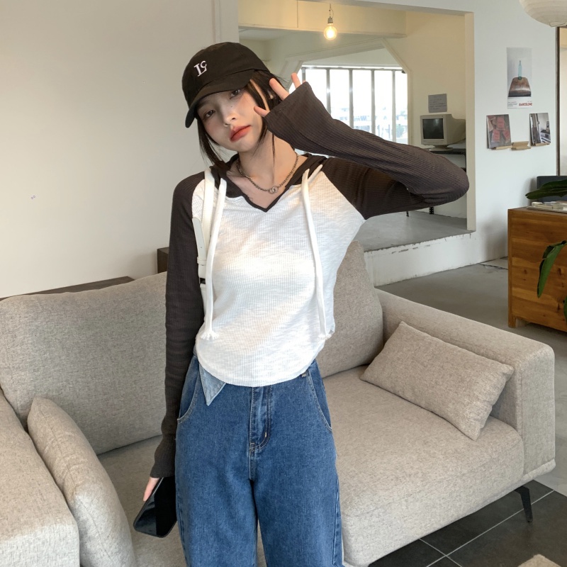 Áo Thun Tay Dài Có Mũ Phối Màu Tương Phản Thời Trang Mùa Hè Dễ Phối Đồ Cho Nữ