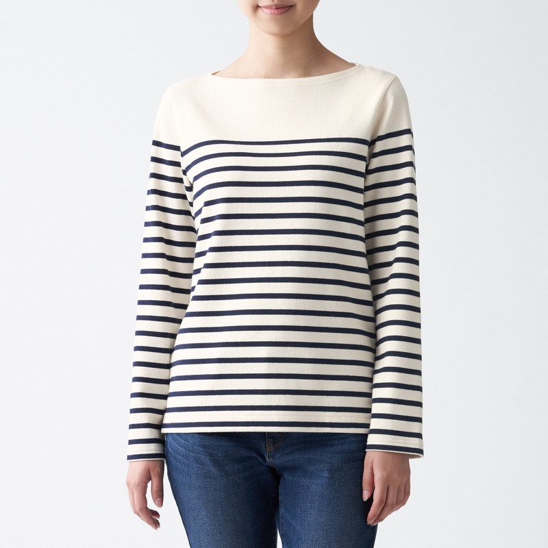 Muji Áo Thun Vải Jersey Sợi Dày Dài Tay-Sọc