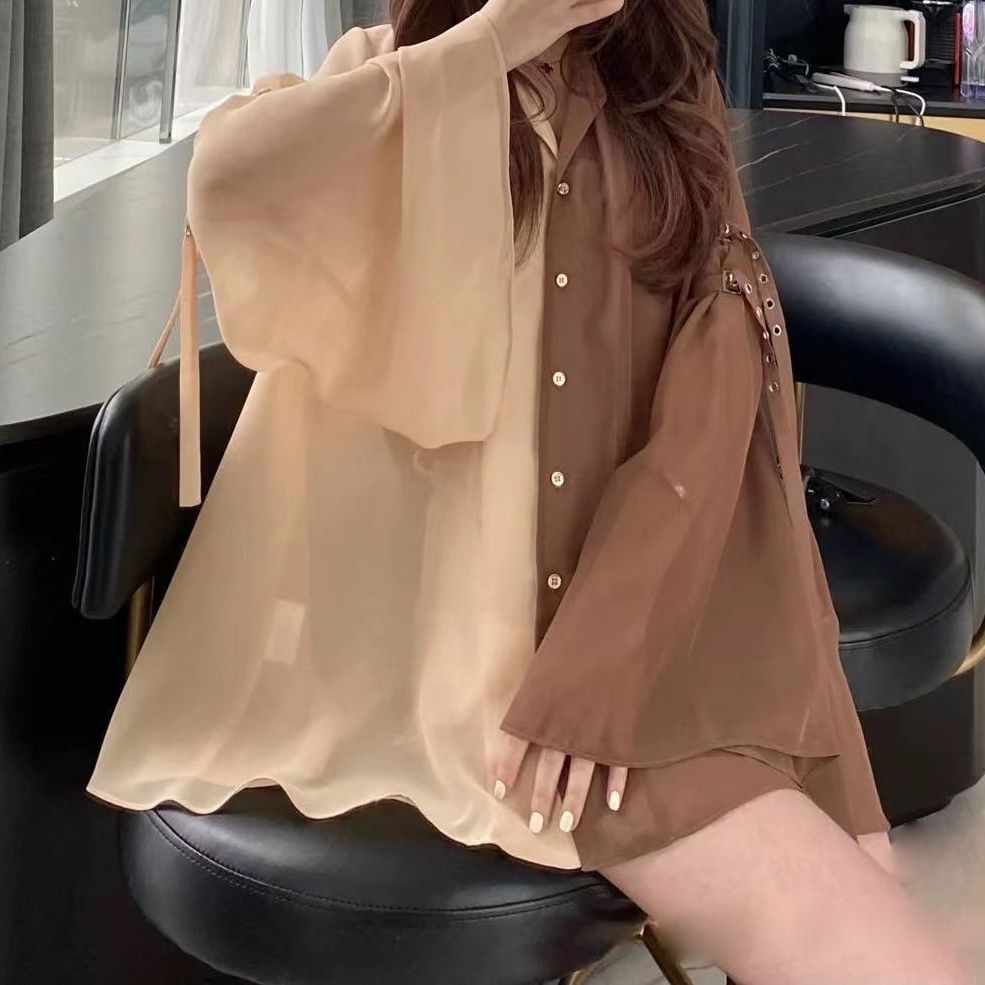 Áo sơ mi cổ chữ V hai màu tương phản độc đáo thanh lịch cho nữ eYNi