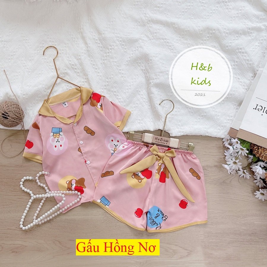 [16KG-35KG] Bộ Mặc Nhà Pijama Lụa Phối Nơ Cao Cấp Tay Cộc Cho Bé Gái - Chất Liệu Lụa mềm Mịn Thoáng Mát