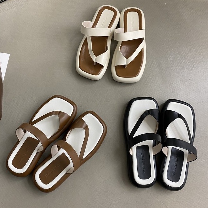 Giày Sandal Hở Ngón Đế Bằng Mũi Vuông Màu Sắc Cổ Điển Thời Trang Mùa Hè Phong Cách Hàn Quốc Cho Nữ