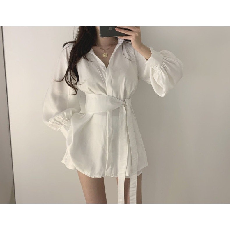 Set áo váy sơ mi mix quần đũi lụa cạp chun kèm đai đen trắng Ylydress freesize phom suông sexy phong cách hàn quốc C52