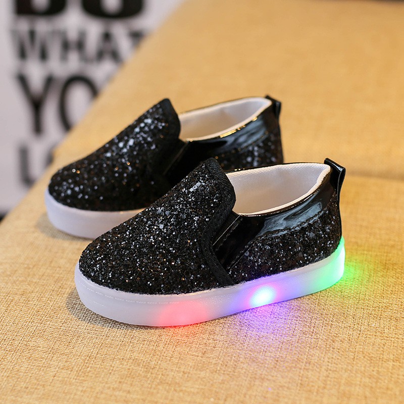 Boy White Led Shoes Fashion Bling Bling Flat Rubber Shoes Kids Baby Girl Gold Sequin Shoe Size 21-30