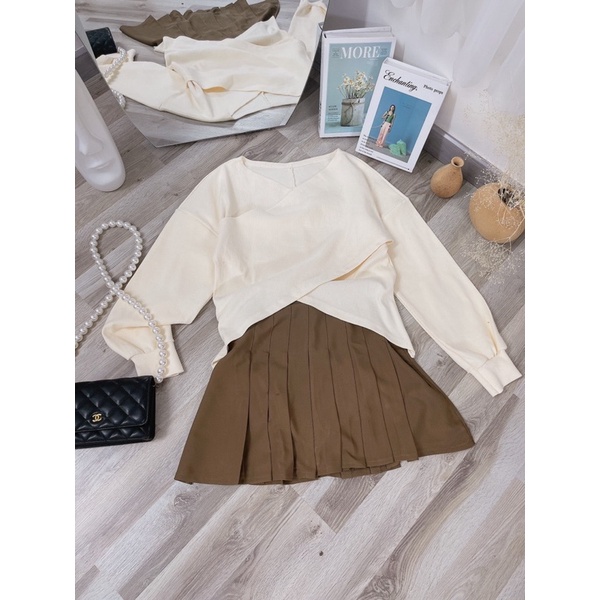 SET ÁO ĐẮP CHÉO KEM XẾP LY + CHÂN VÁY NÂU