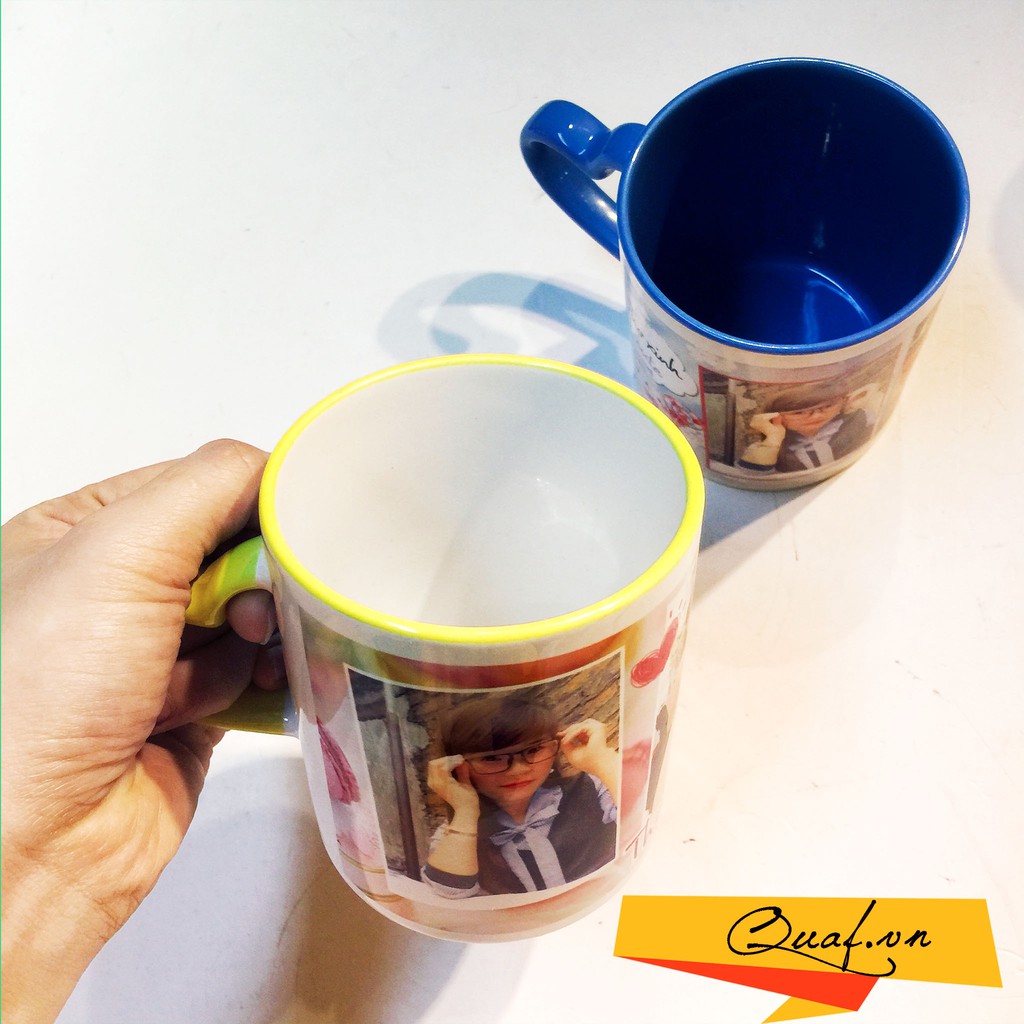 In ảnh lên cốc sứ quai tim viền màu