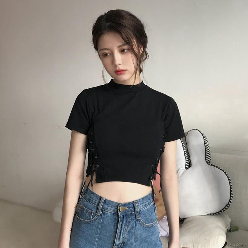 Áo Croptop Tay Ngắn Phối Dây Đan Chéo Trước Ngực