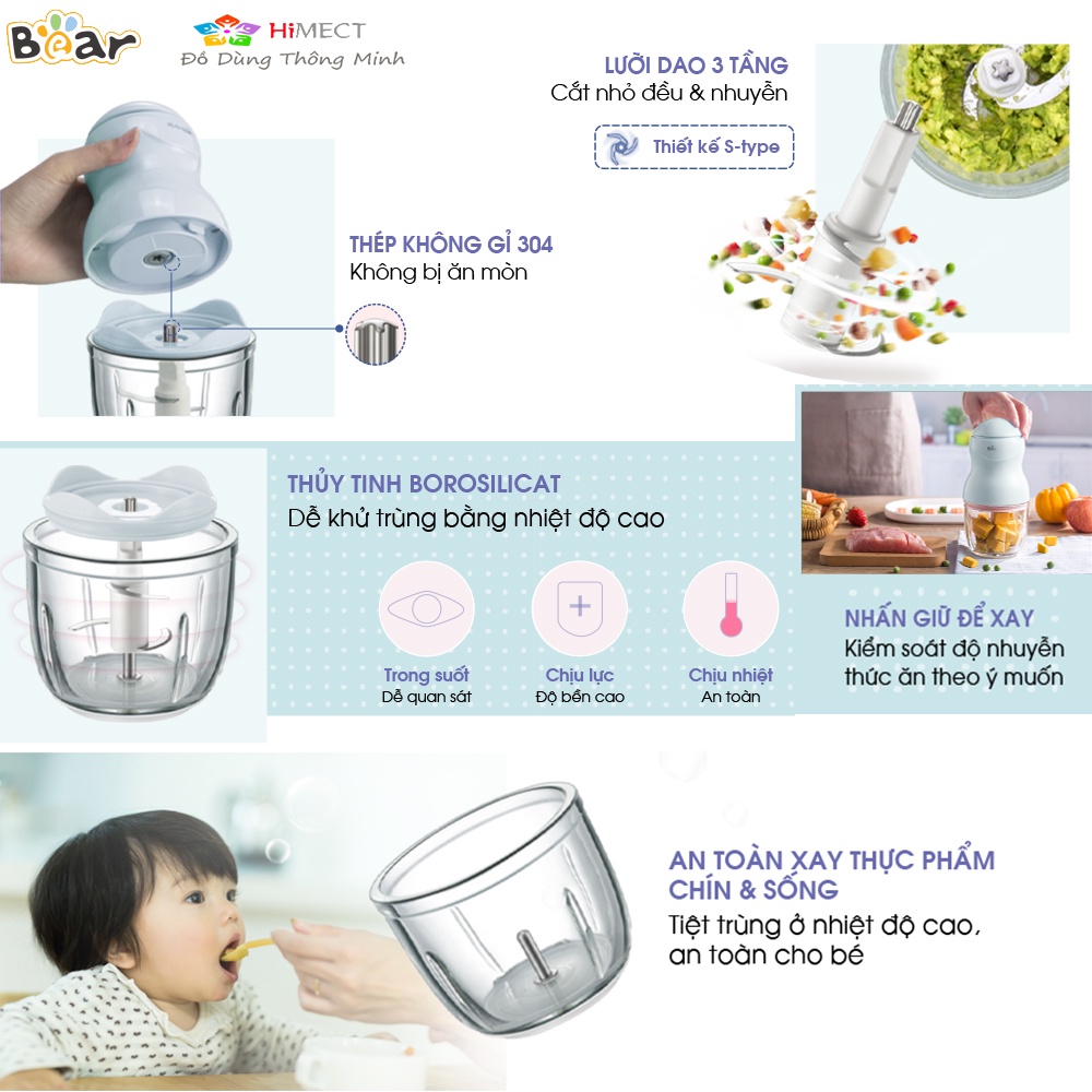 Máy Xay Ăn Dăm Mini Cầm Tay Nhỏ Gọn Di Chuyển Dễ Dàng Dung Tích 300ml Bear QSJ-A01F2 -HiMect