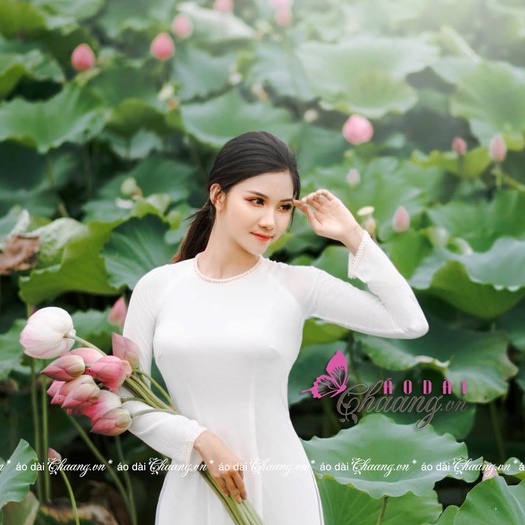Áo dài lụa Tây Thi cổ tròn Chaang May sẵn áo dài thiết kê truyền thống đính hạt ngọc cổ tay