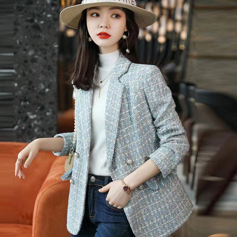 Xiaoxiang Áo Khoác Vest Vải Tweed Kẻ Sọc Caro Màu Hồng Phong Cách Mới Thời Trang Xuân Thu Cho Nữ