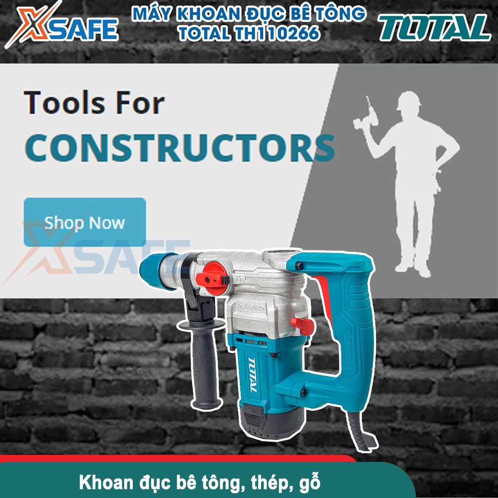 Máy khoan đục bê tông TOTAL TH110266 1050W, đầu gài mũi SDS plus, kèm 3 mũi khoan 2 mũi đục [CHÍNH HÃNG][XSAFE]
