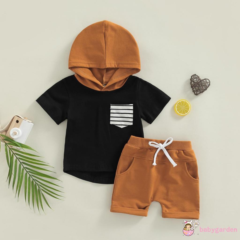 Bộ Áo Hoodie Ngắn Tay Kẻ Sọc Màu Sắc Tương Phản Phối Quần Short Thời Trang Mùa Hè Cho Bé Trai 1-5 Tuổi