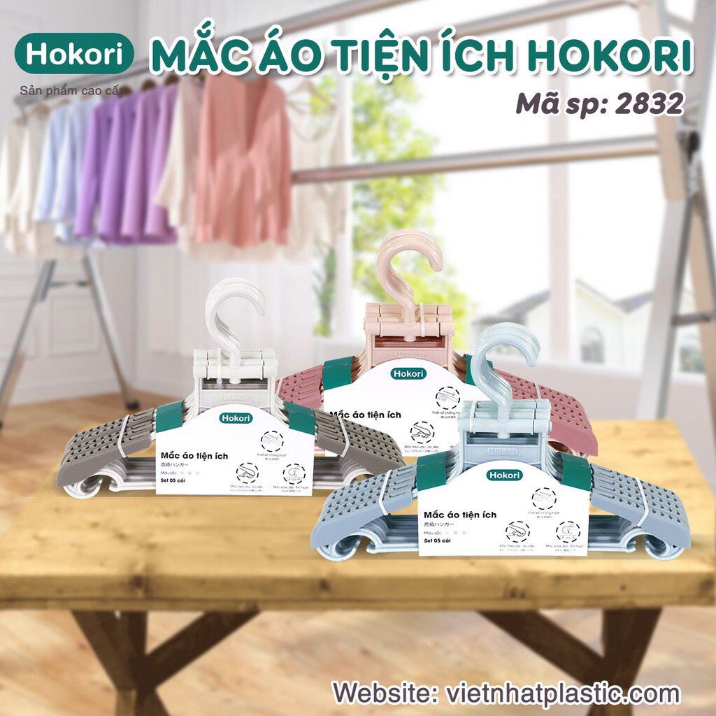 Set 05 móc treo quần áo người lớn Hokori cao cấp nhựa Việt Nhật 2832,mắc treo quần áo, móc phơi đồ người lớn tiện lợi_MC