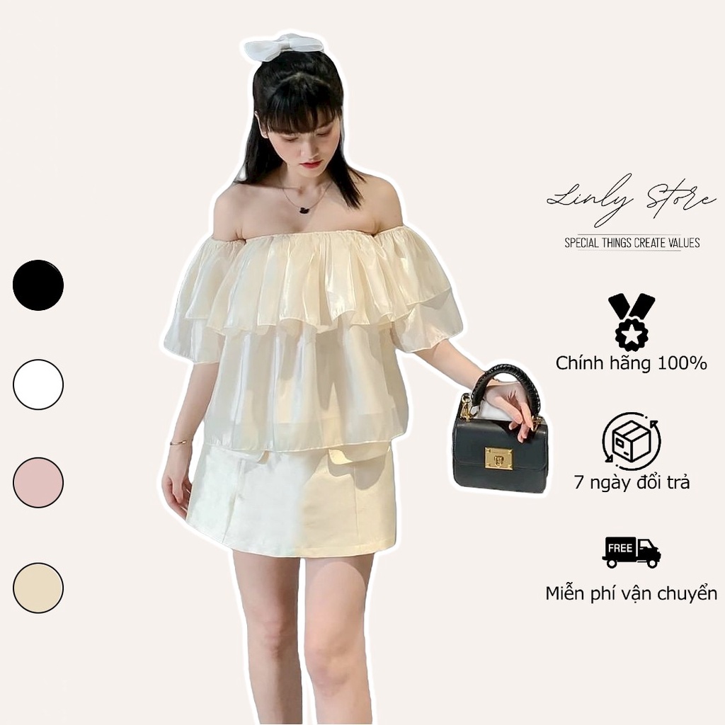 Áo trễ vai tay bồng Linly Store dáng croptop bánh bèo chất tơ mát A-TA