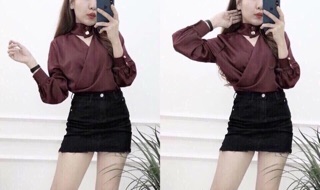 Áo kiểu đắp chéo choker vải phi
