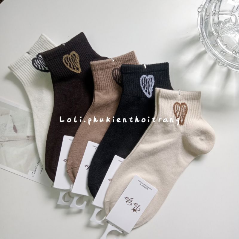 Tất Vớ Nữ Cổ Ngắn In Hình Trái Tim Màu Trà Sữa Phong Cách Hàn Quốc (TN023)
