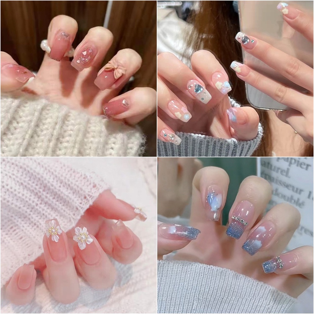 Set 24 móng tay giả màu hồng trang trí hình thỏ dễ thương